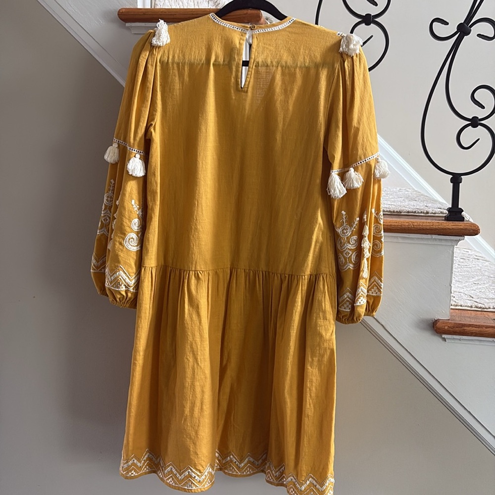 Mustard Embroidered Tassel V-Neck Women's Dress - Picture 2 of 2